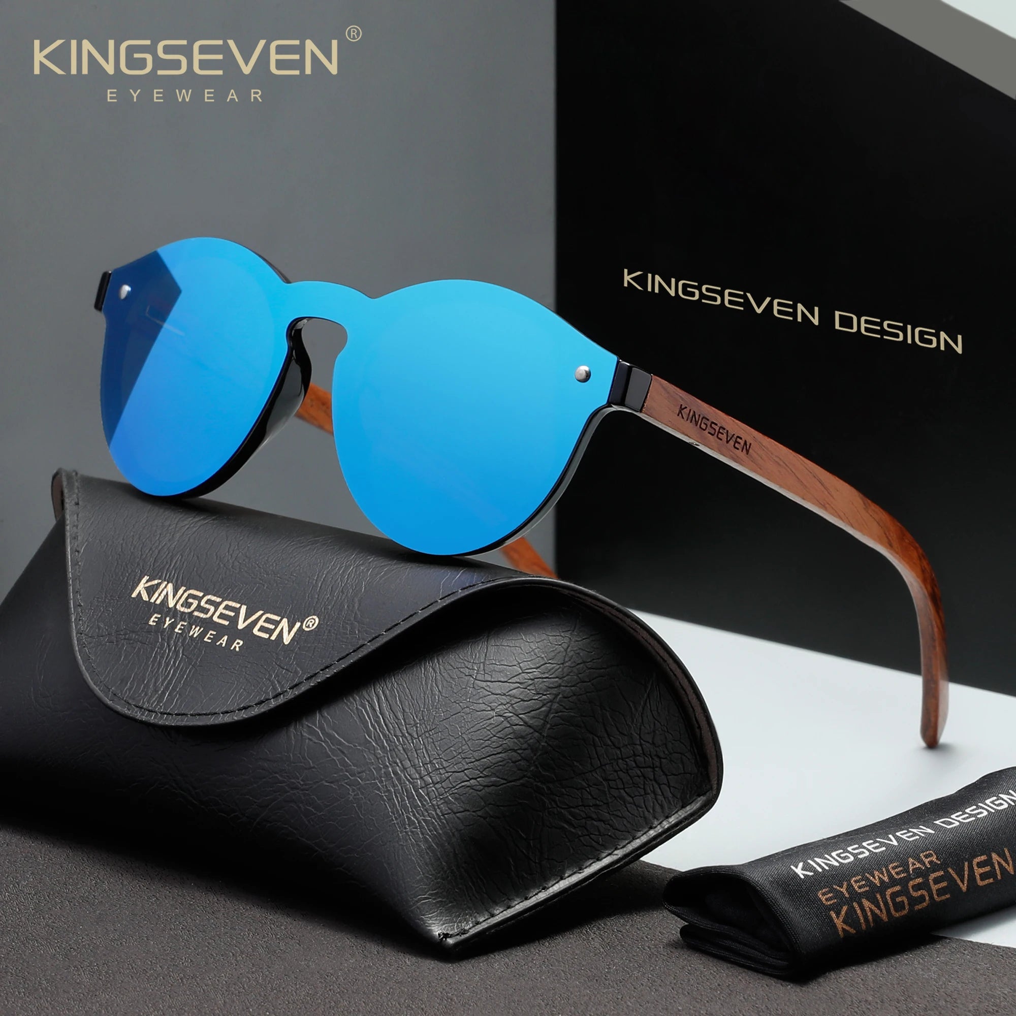 KINGSEVEN Natural Wood Blue Mirrored Rimless Polarized Sunglasses KINGSEVEN® N7501 Narrow Rectangle Sunglasses - Polarized  main image 2